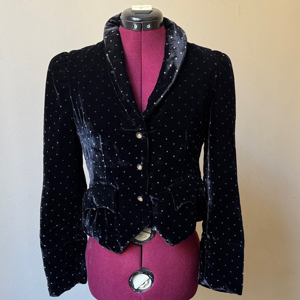 Marc Jacobs Black Silk Rayon Velvet Gothic Blazer Black with Silver Polka Dots